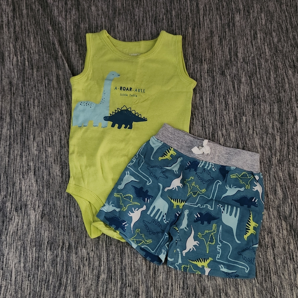 Carter's Lime and Teal Dinosaur Bodysuit and Shorts